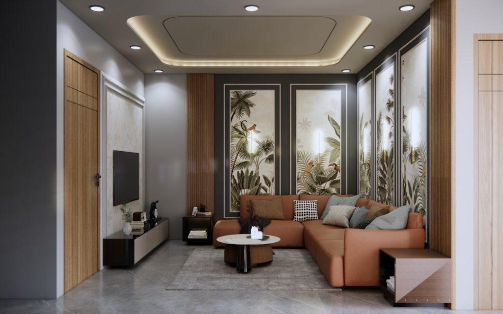 False ceiling cost per sq ft in India — modern living room with gypsum ceiling design