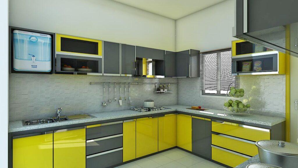 Modern modular kitchen with sleek cabinets, island counter and warm lighting